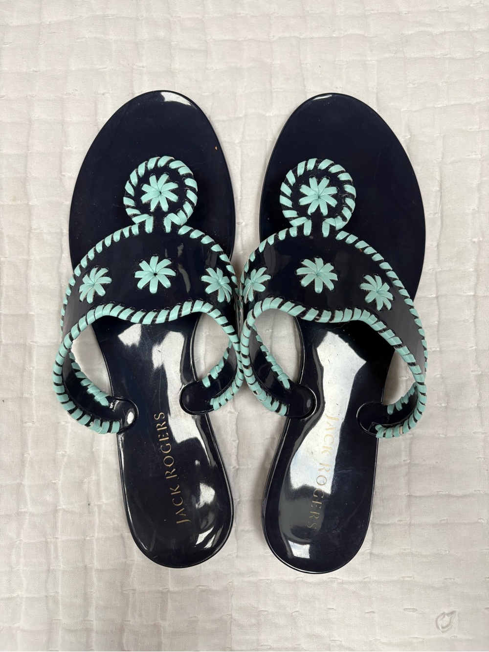 Jack Rogers Navy & Aqua Jelly Sandals Size 11 Floral Whipstitch NWOT